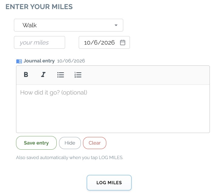The Journal entry box under Enter Your Miles, with a How did it go? (optional) prompt, Save entry, Hide and Clear buttons, and a Log Miles button