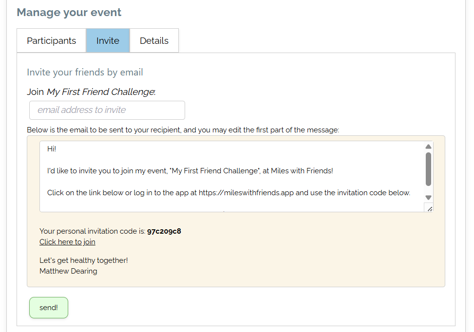 The Invite tab on Miles with Friends showing a pre-written invitation email with the event name, a personal invitation code, and a join link, plus a field to enter a friend's email address